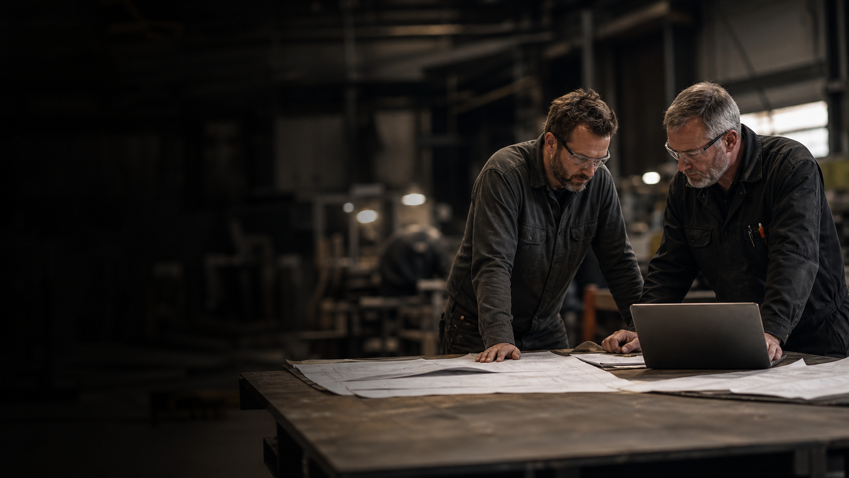 Two operations professionals reviewing plans and a laptop in an industrial workshop